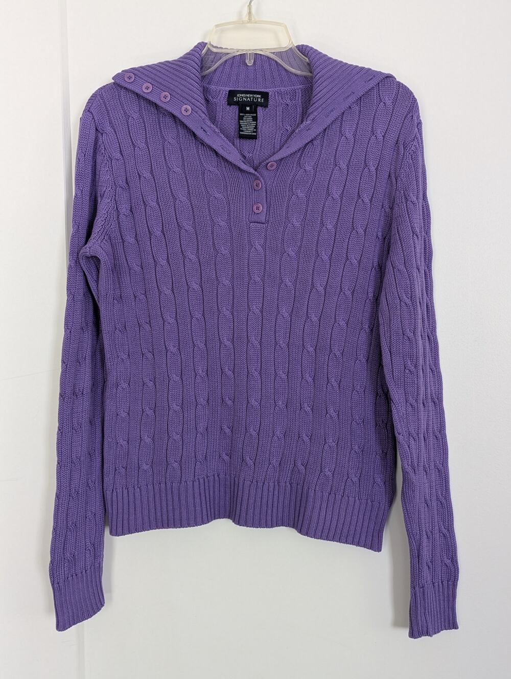 Jones New York Signature Purple Cable Knit Henley Sweater M Mercerized Cotton